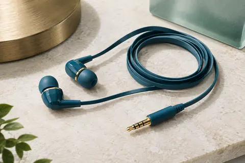 Écouteurs intra-auriculaires bleus avec câble plat et fiche jack 3,5 mm sur une surface claire.