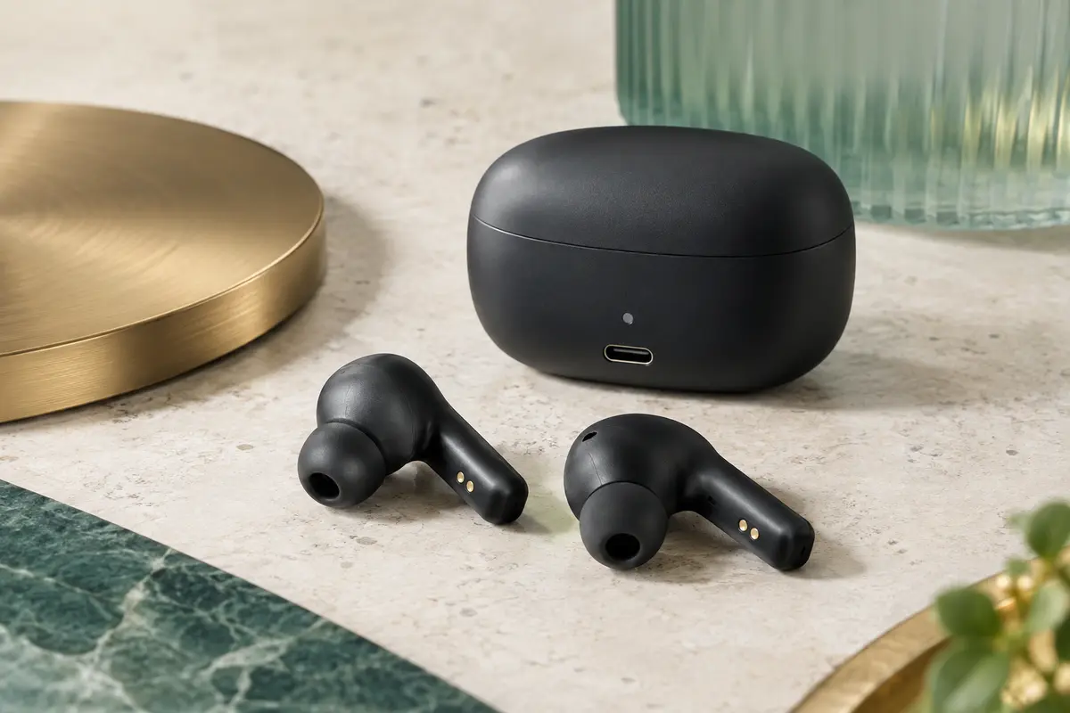 Écouteurs intra-auriculaires noirs avec embouts en silicone et étui de recharge sur une surface minérale claire.