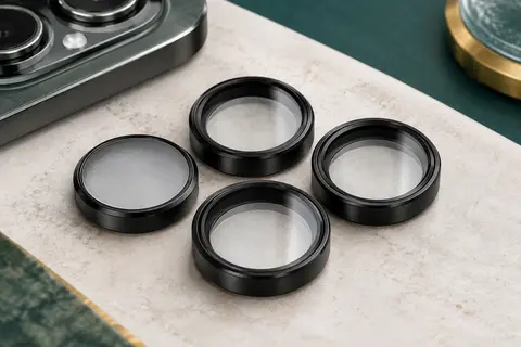 Jeu de protections d’objectifs en verre transparent avec anneaux noirs posé sur une surface claire
