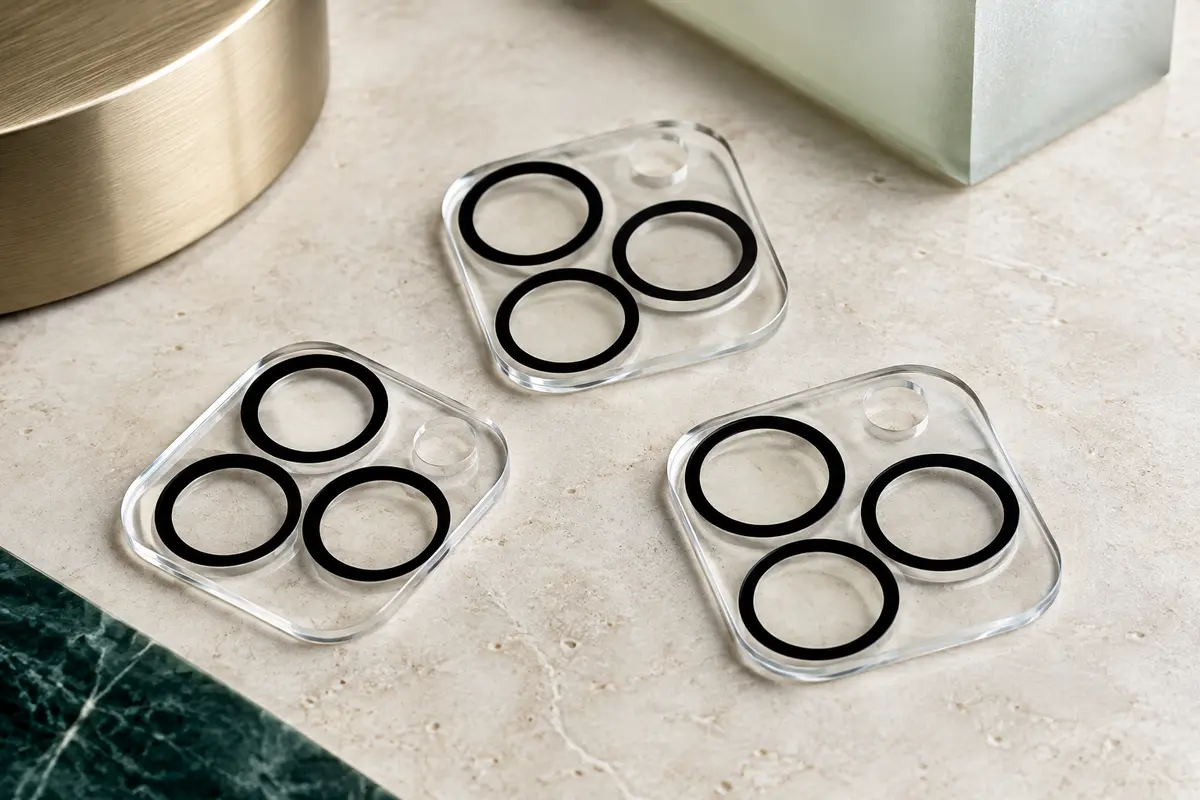 Trois protections transparentes en verre trempé pour objectifs, avec des cercles noirs intégrés