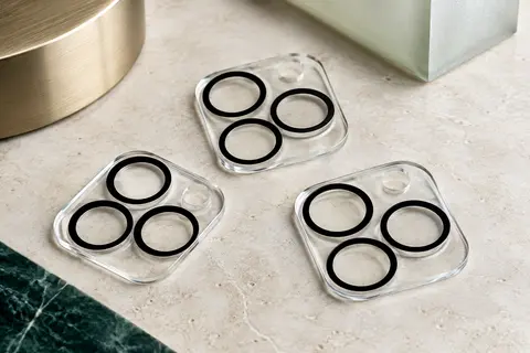 Trois protections transparentes en verre trempé pour objectifs, avec des cercles noirs intégrés
