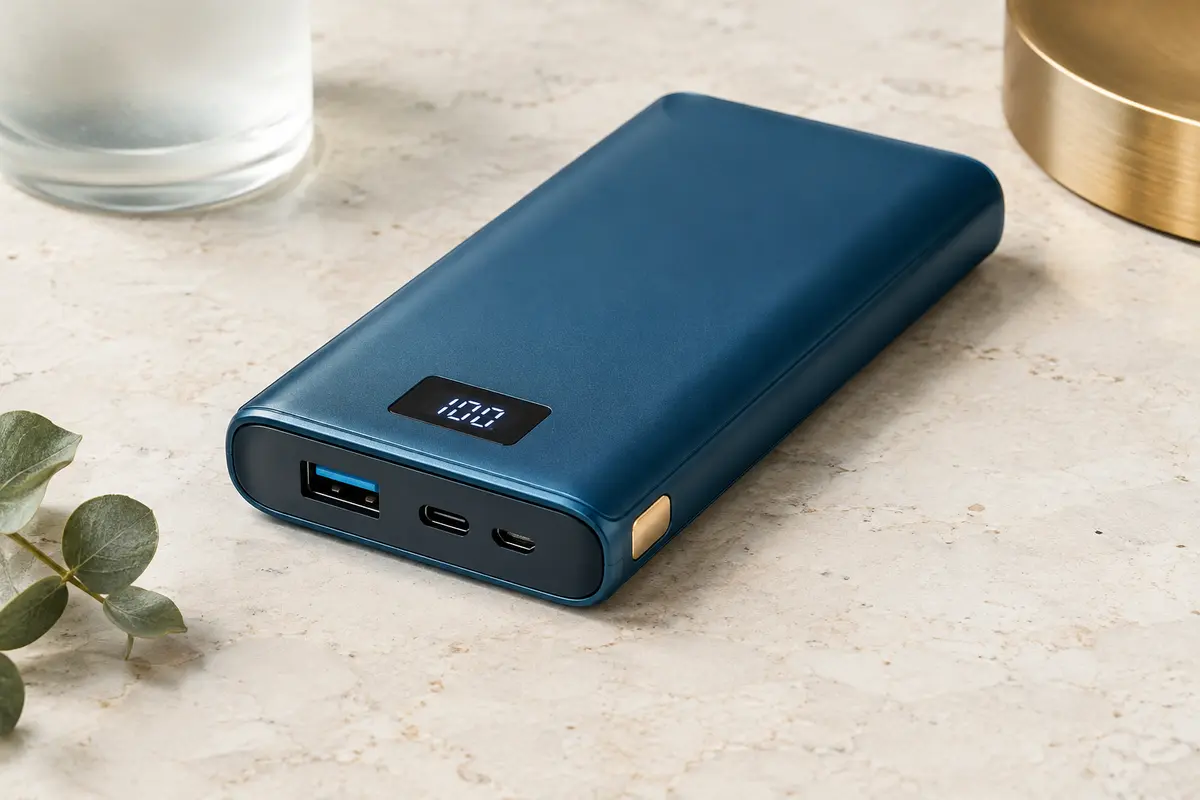 Batterie externe Jiga bleue avec écran numérique et ports USB-A, USB-C et Micro USB sur une surface claire.