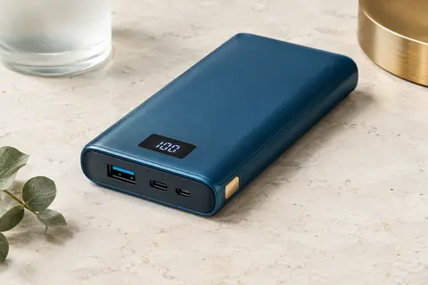 Batterie externe Jiga bleue avec écran numérique et ports USB-A, USB-C et Micro USB sur une surface claire.