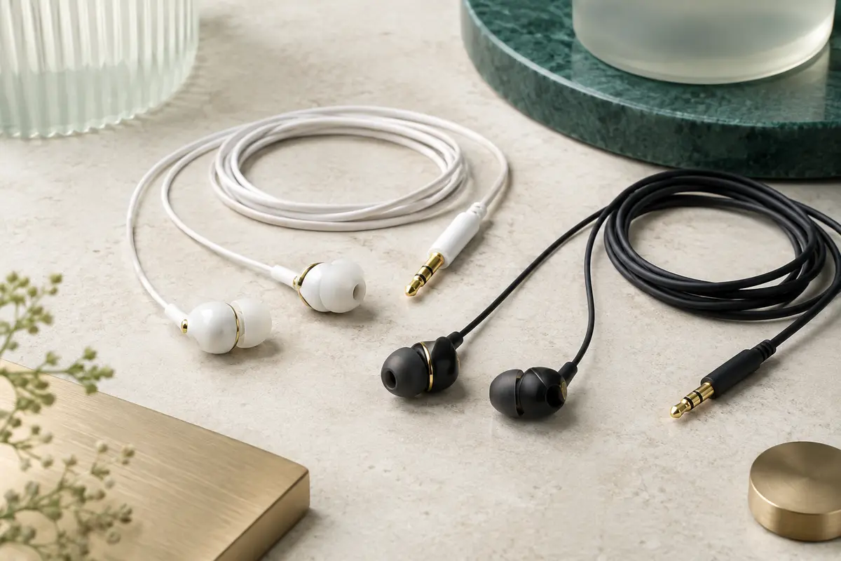 Deux paires d’écouteurs filaires intra-auriculaires, blanche et noire, avec microphone et prises jack visibles.