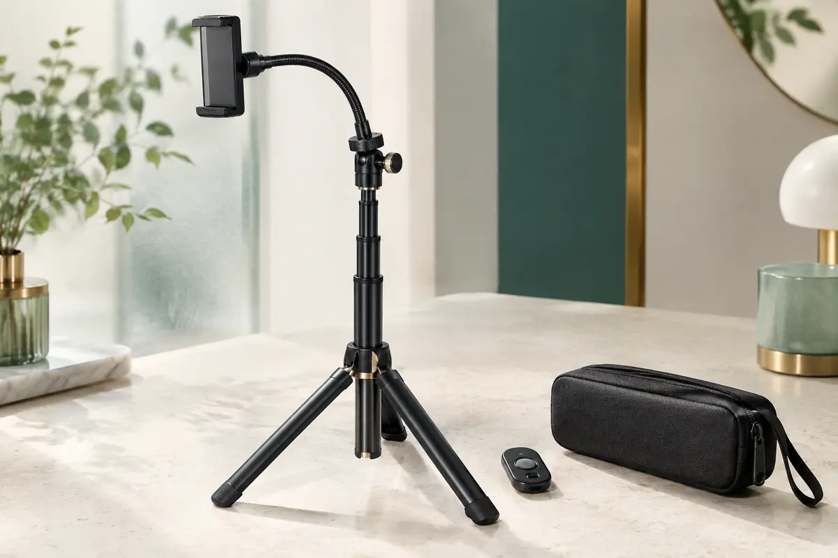 Trépied smartphone noir en aluminium avec col de cygne flexible, support de téléphone et télécommande.
