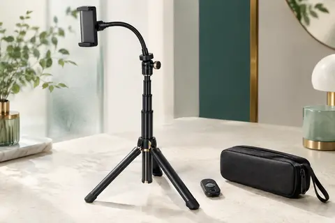 Trépied smartphone noir en aluminium avec col de cygne flexible, support de téléphone et télécommande.