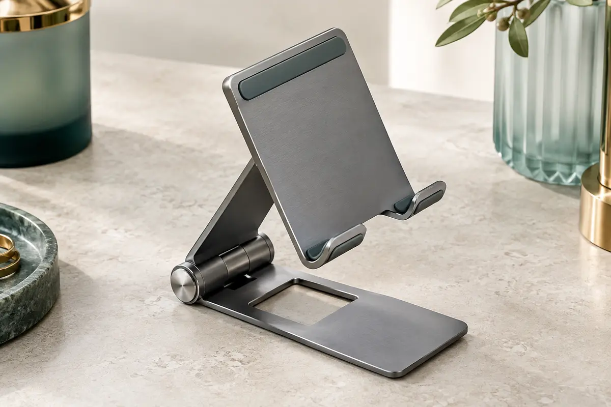 Support de téléphone gris pliable en aluminium brossé, déplié sur une surface minérale claire
