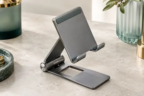 Support de téléphone gris pliable en aluminium brossé, déplié sur une surface minérale claire