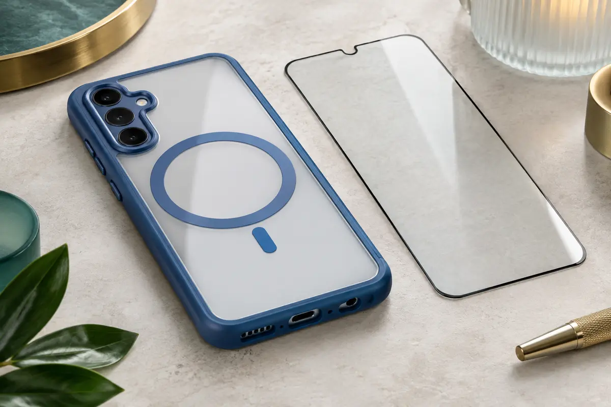 Coque bleue à dos transparent pour Galaxy A15, avec anneau magnétique et verre trempé