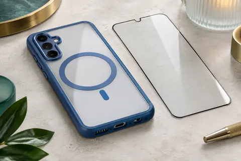 Coque bleue à dos transparent pour Galaxy A15, avec anneau magnétique et verre trempé