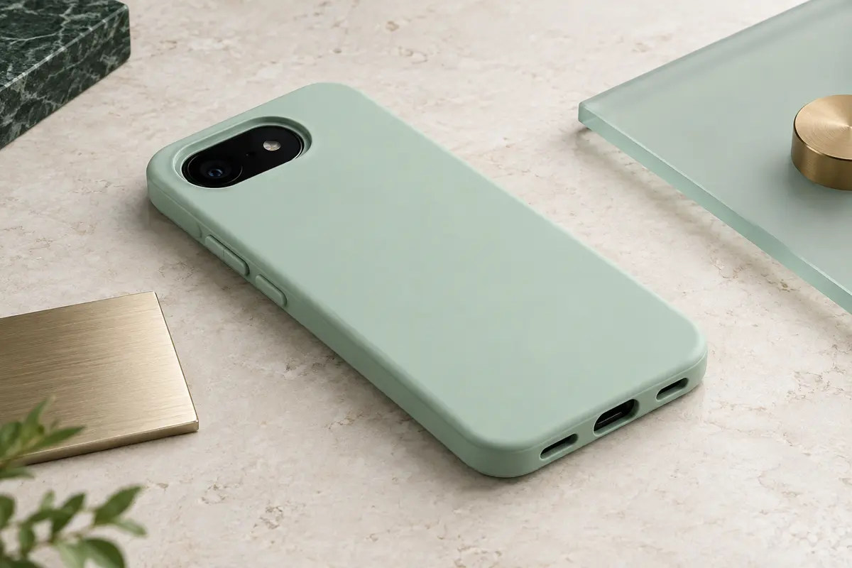 Coque fine en TPU vert menthe pour Pixel 10a, montrant l’ouverture de l’appareil photo et les découpes des ports.