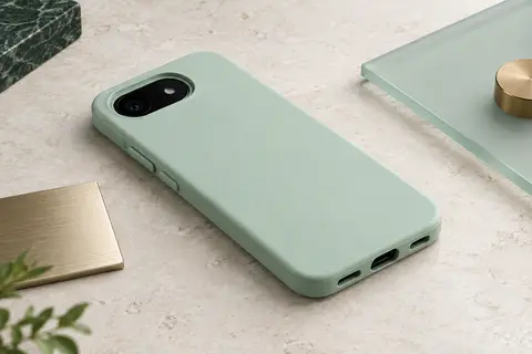Coque fine en TPU vert menthe pour Pixel 10a, montrant l’ouverture de l’appareil photo et les découpes des ports.
