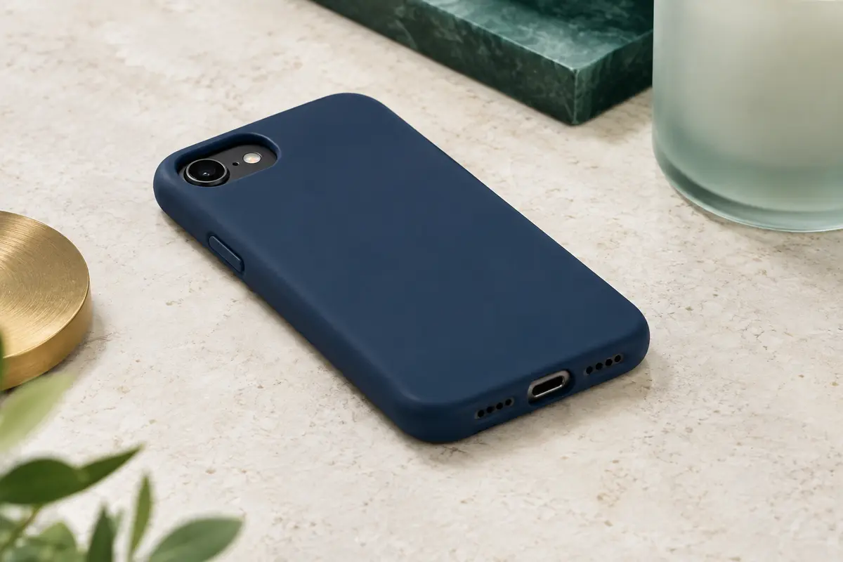 Coque souple en TPU bleu marine, vue de dos et de côté sur une surface minérale claire.