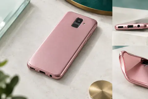 Coque souple métallisée sur un Samsung Galaxy A8 (2018), posée sur une surface minérale claire.