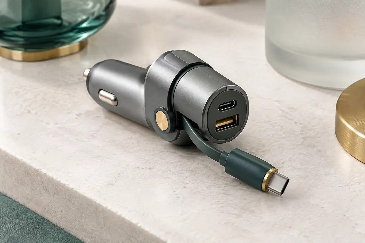 Chargeur voiture gris avec câble USB-C rétractable et ports USB-C et USB-A sur une surface minérale claire.