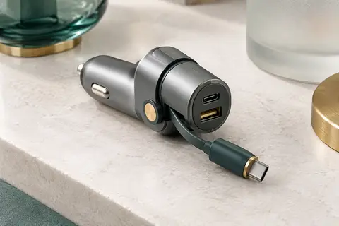 Chargeur voiture gris avec câble USB-C rétractable et ports USB-C et USB-A sur une surface minérale claire.