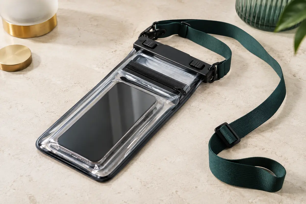Pochette étanche noire à double poche avec fenêtre transparente et lanière réglable, posée sur une surface claire.