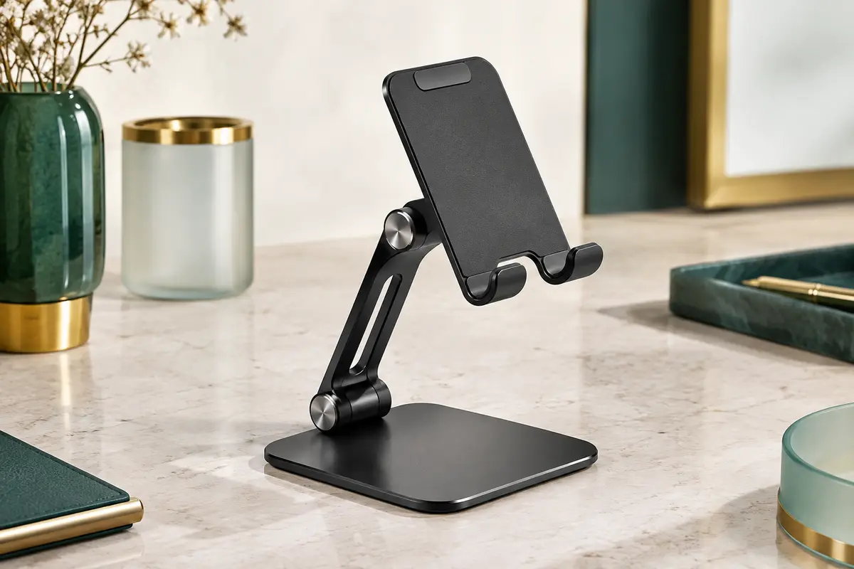 Support de téléphone noir pliable à double axe posé sur une surface minérale claire