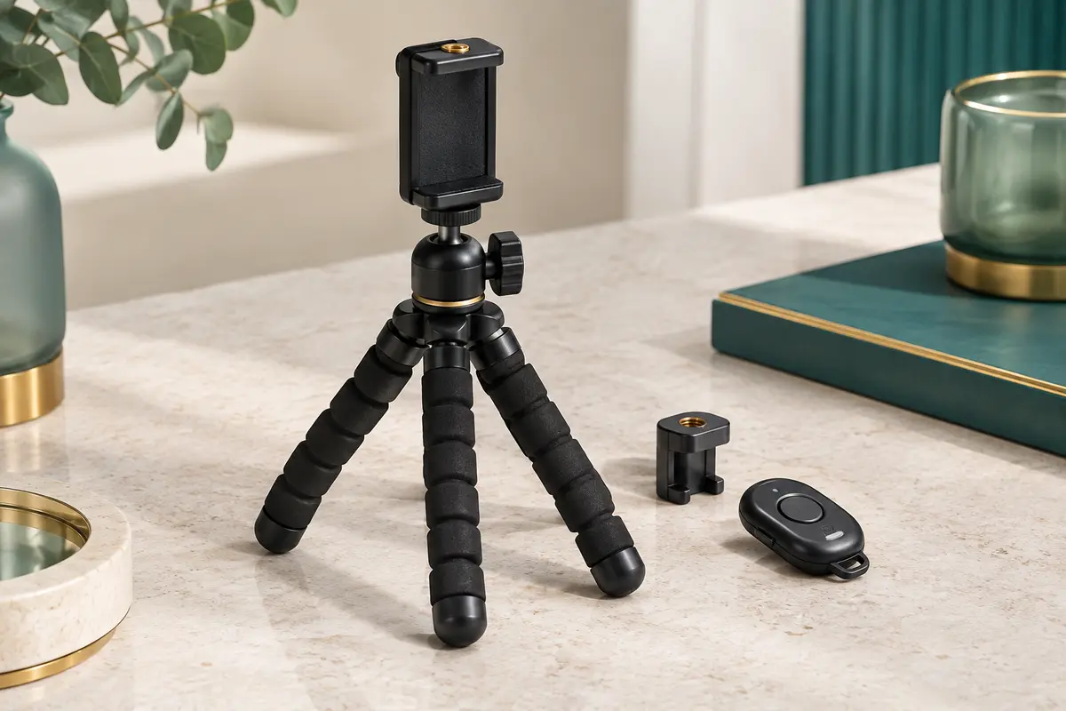 Mini trépied flexible noir pour smartphone avec télécommande, posé sur une surface minérale claire