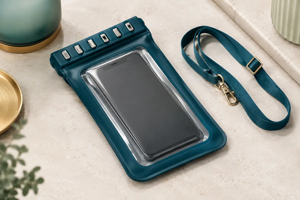 Pochette étanche bleue pour smartphone avec attaches métalliques et lanière, posée sur une surface claire.