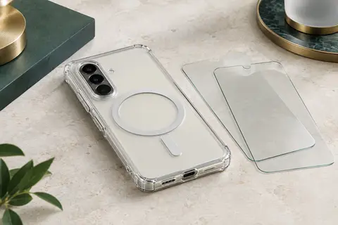 Coque transparente magnétique pour Galaxy A57 5G avec anneau intégré et deux verres trempés