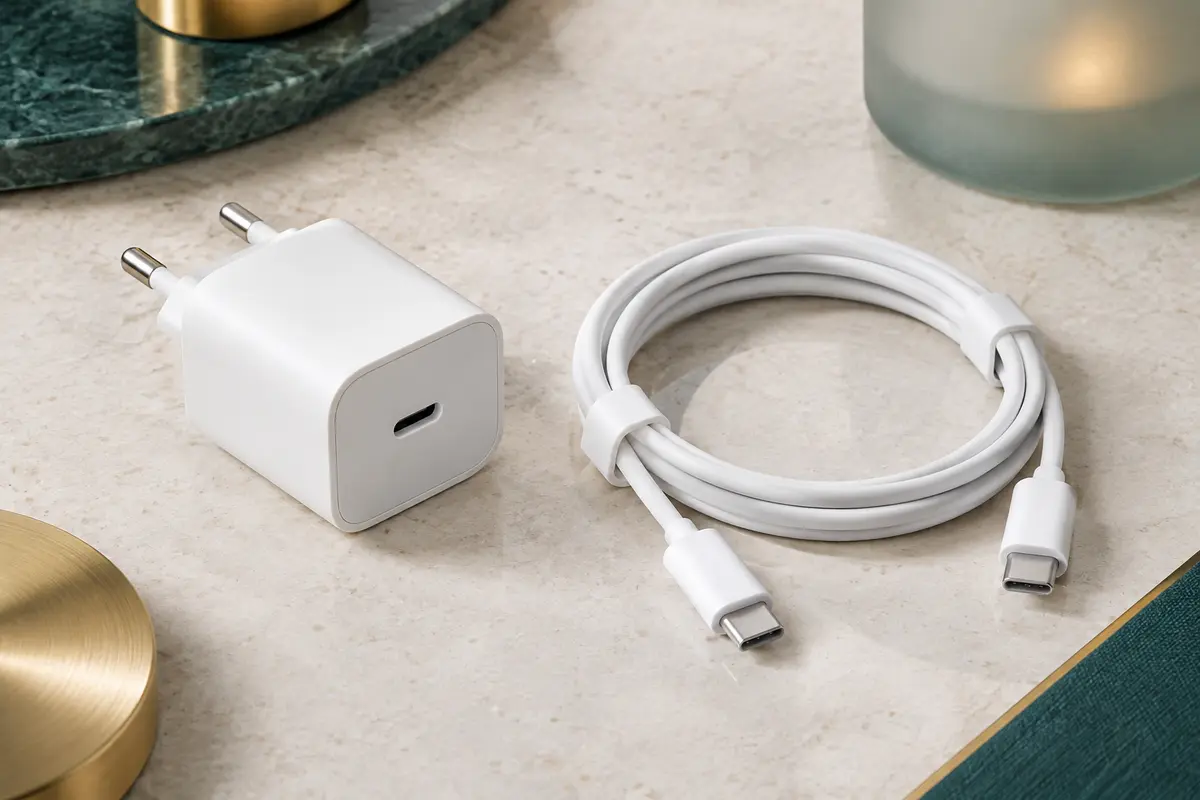 Chargeur secteur USB-C en ABS avec câble de 2 m présenté sur une surface minérale claire