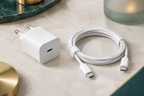 Chargeur secteur USB-C en ABS avec câble de 2 m présenté sur une surface minérale claire