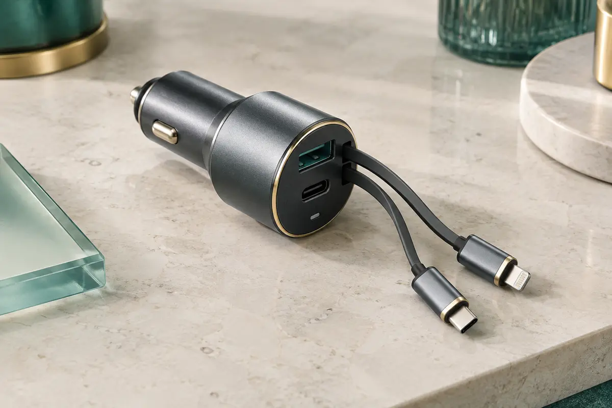 Chargeur voiture gris anthracite avec câbles USB-C et Lightning rétractables et ports USB
