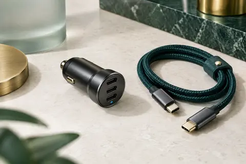Chargeur voiture compact en métal noir avec trois ports USB-C et câble tressé posé sur une surface claire