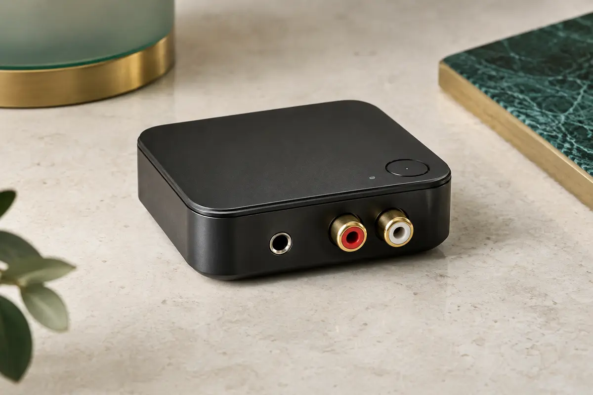 Petit récepteur audio Bluetooth noir avec sorties jack 3,5 mm et RCA sur une surface claire.