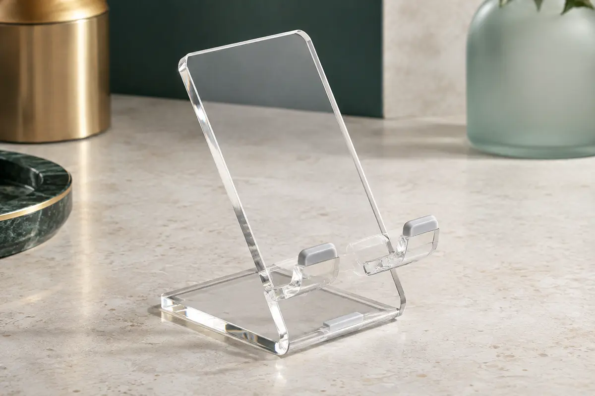 Support de téléphone de bureau en acrylique transparent posé sur une surface minérale claire.