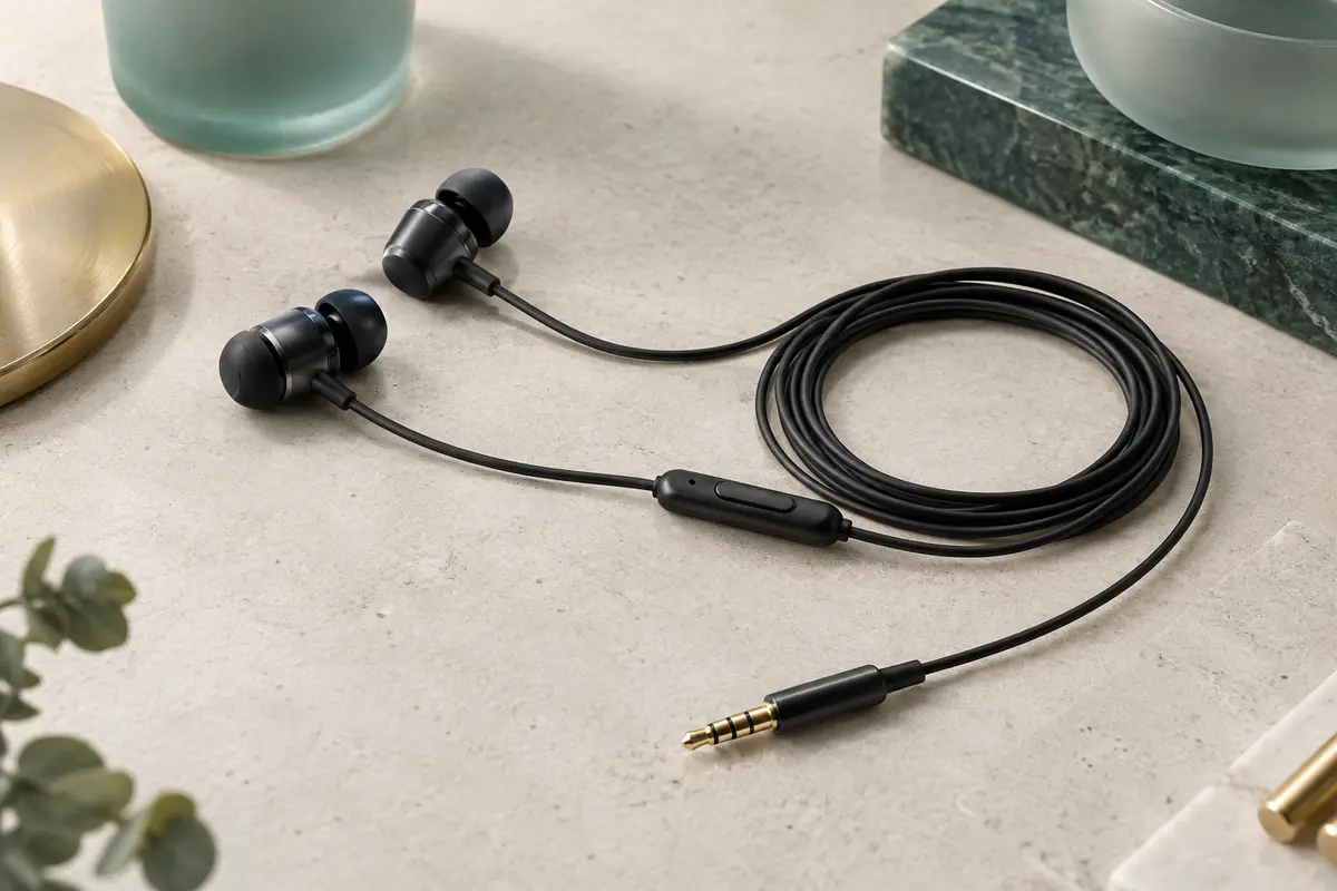 Écouteurs filaires intra-auriculaires noirs avec microphone, commande de volume et fiche jack 3,5 mm