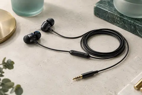 Écouteurs filaires intra-auriculaires noirs avec microphone, commande de volume et fiche jack 3,5 mm