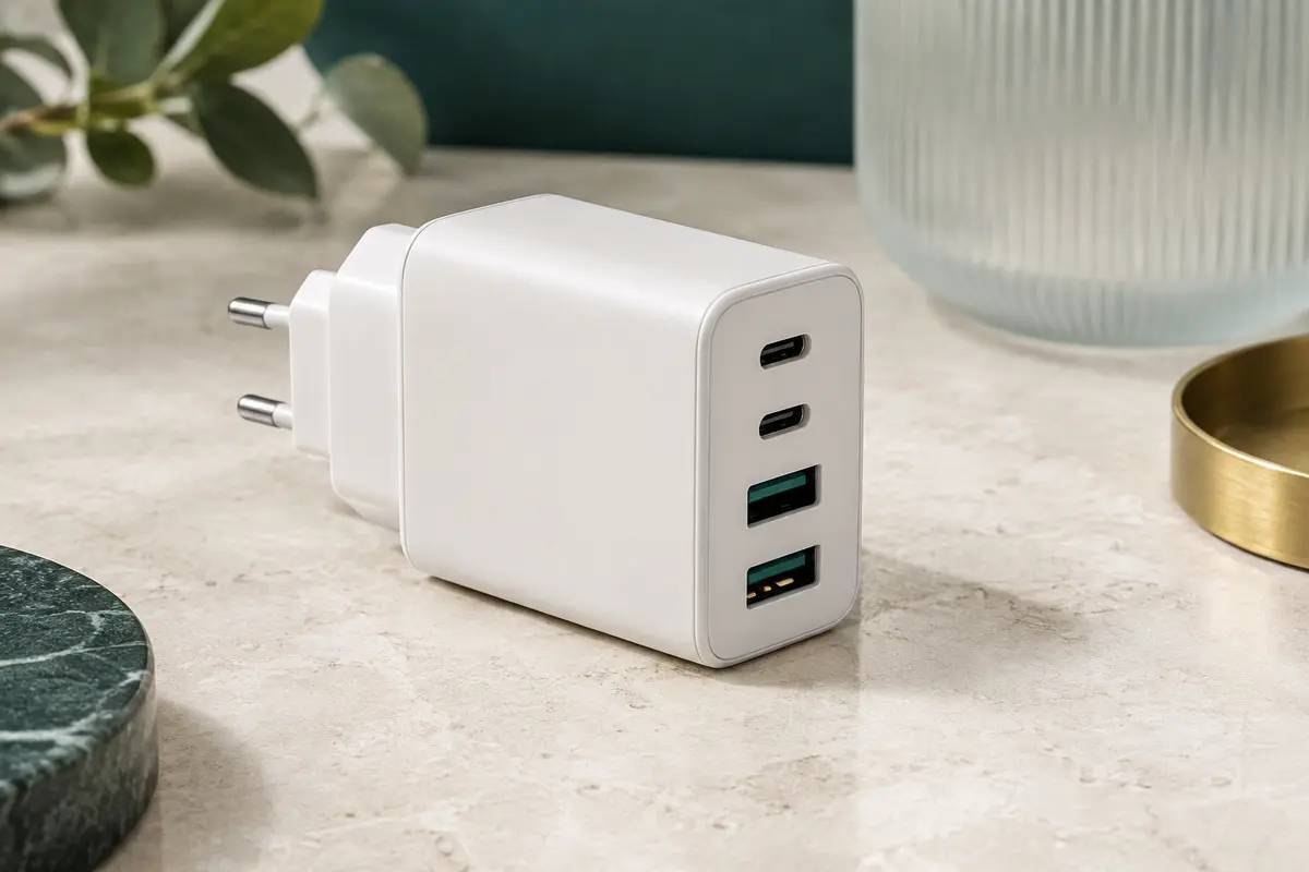 Chargeur secteur blanc compact à quatre ports USB-C et USB-A posé sur une surface minérale claire.