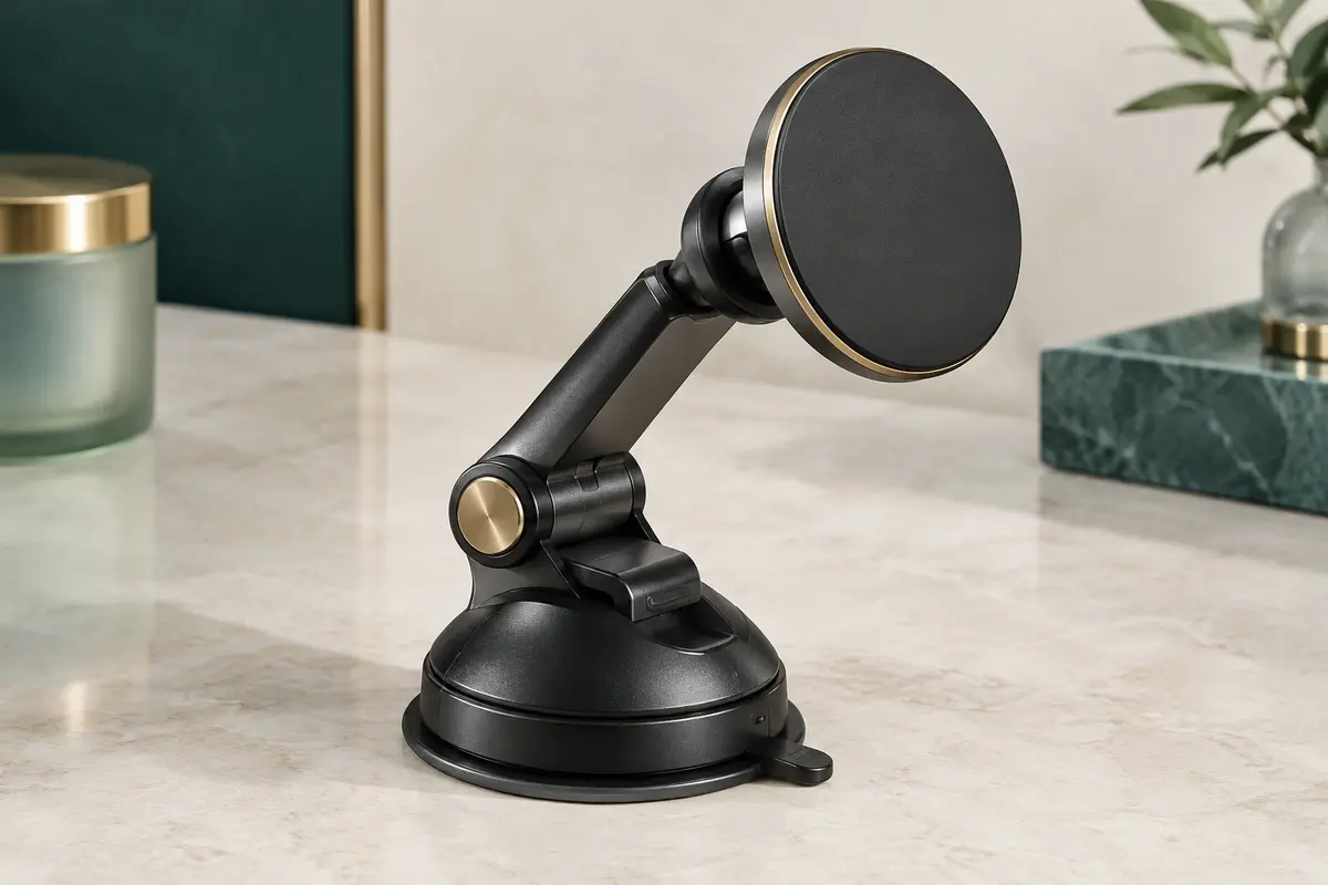 Support voiture noir à ventouse avec bras réglable et tête magnétique circulaire, posé sur une surface claire.