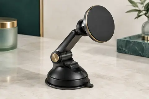 Support voiture noir à ventouse avec bras réglable et tête magnétique circulaire, posé sur une surface claire.