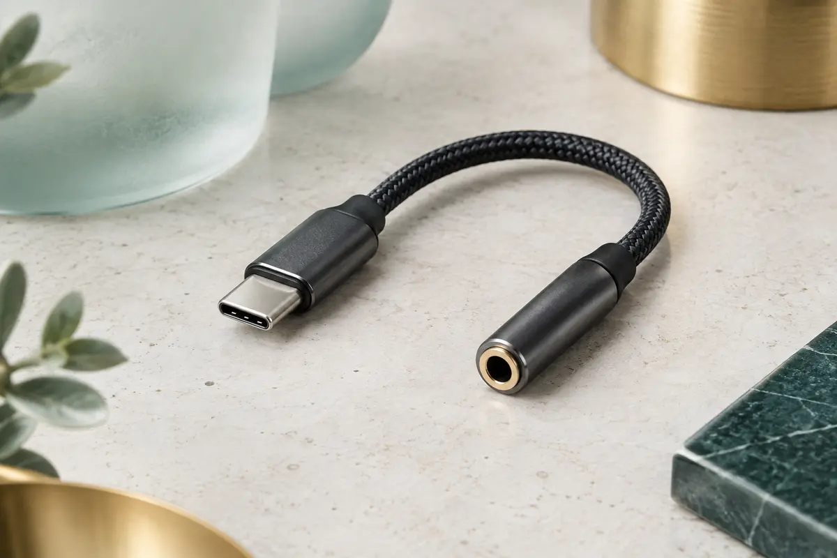 Adaptateur audio noir USB-C vers jack 3,5 mm avec câble court en nylon tressé et connecteurs métalliques
