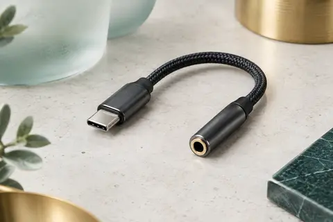 Adaptateur audio noir USB-C vers jack 3,5 mm avec câble court en nylon tressé et connecteurs métalliques