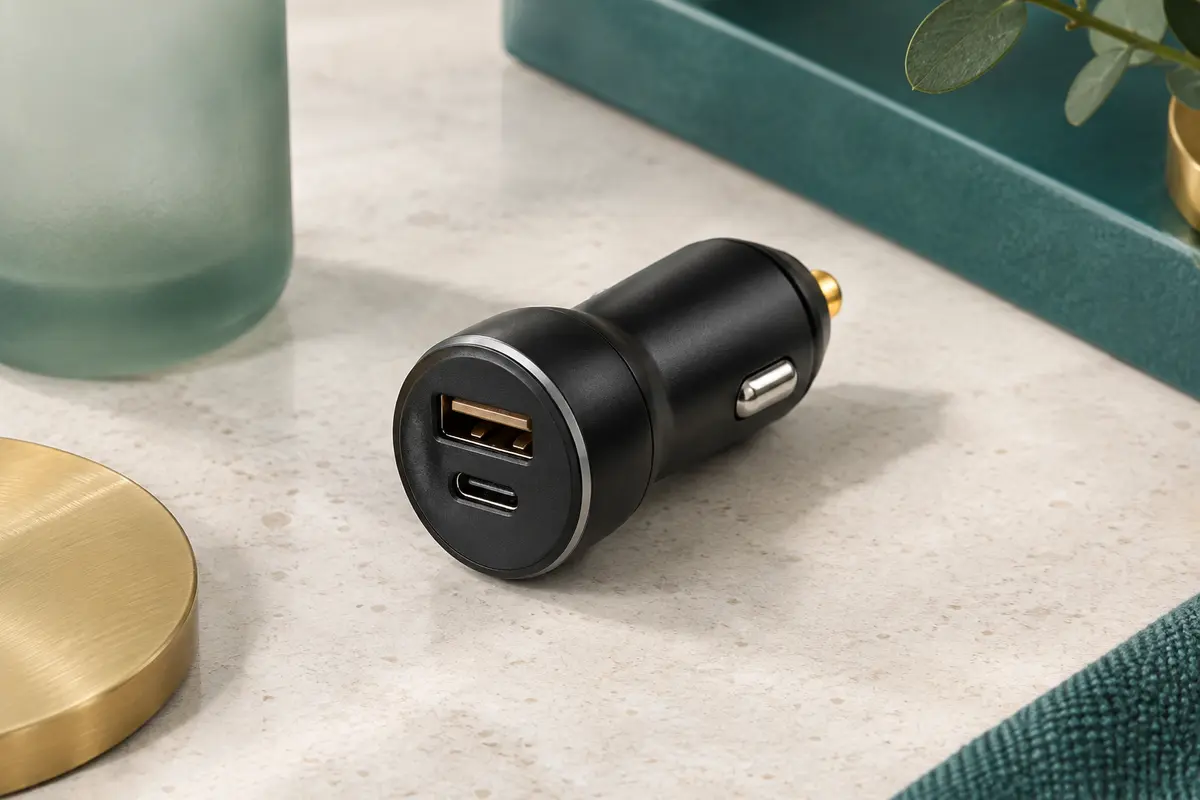 Chargeur voiture Moswag noir à deux ports USB-A et USB-C posé sur une surface claire