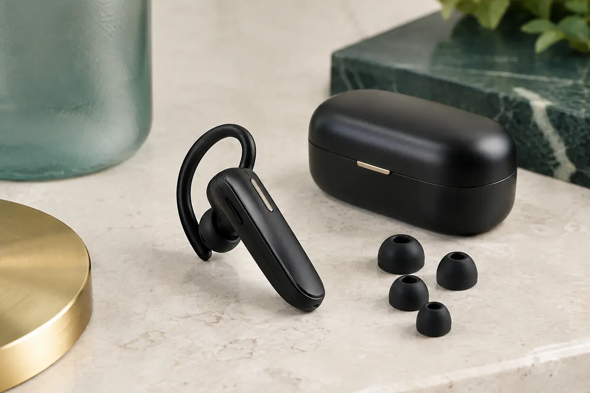Oreillette Bluetooth mono noire avec clip réglable et embouts, posée sur une surface minérale claire