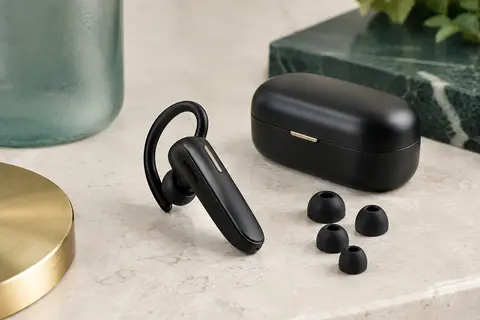 Oreillette Bluetooth mono noire avec clip réglable et embouts, posée sur une surface minérale claire