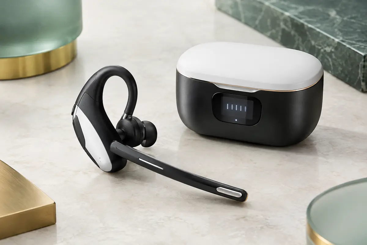 Oreillette Bluetooth mono New Bee M53 avec crochet orientable et étui de charge sur une surface minérale claire.