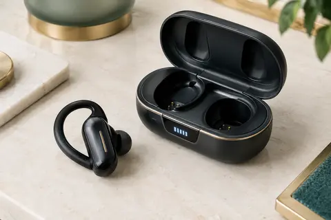 Oreillette Bluetooth noire à crochet réglable posée près de son boîtier de charge avec écran numérique