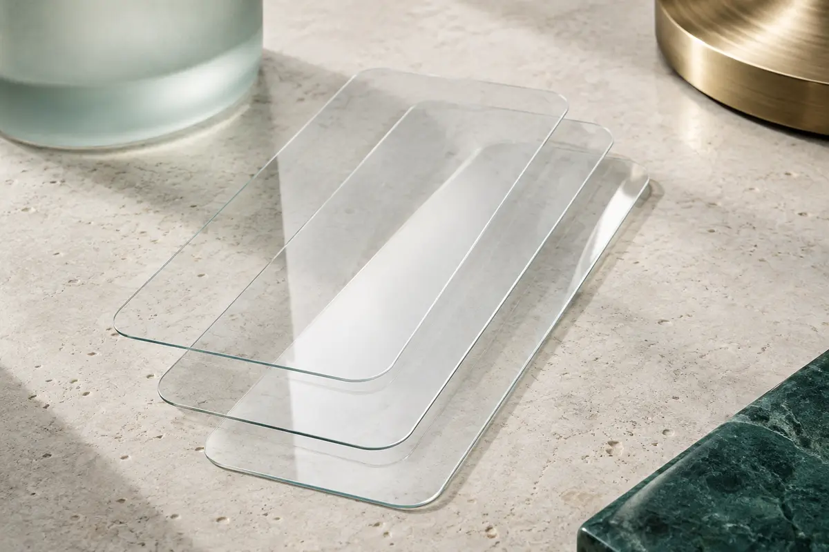 Trois protections d’écran transparentes en verre trempé posées sur une surface minérale claire.