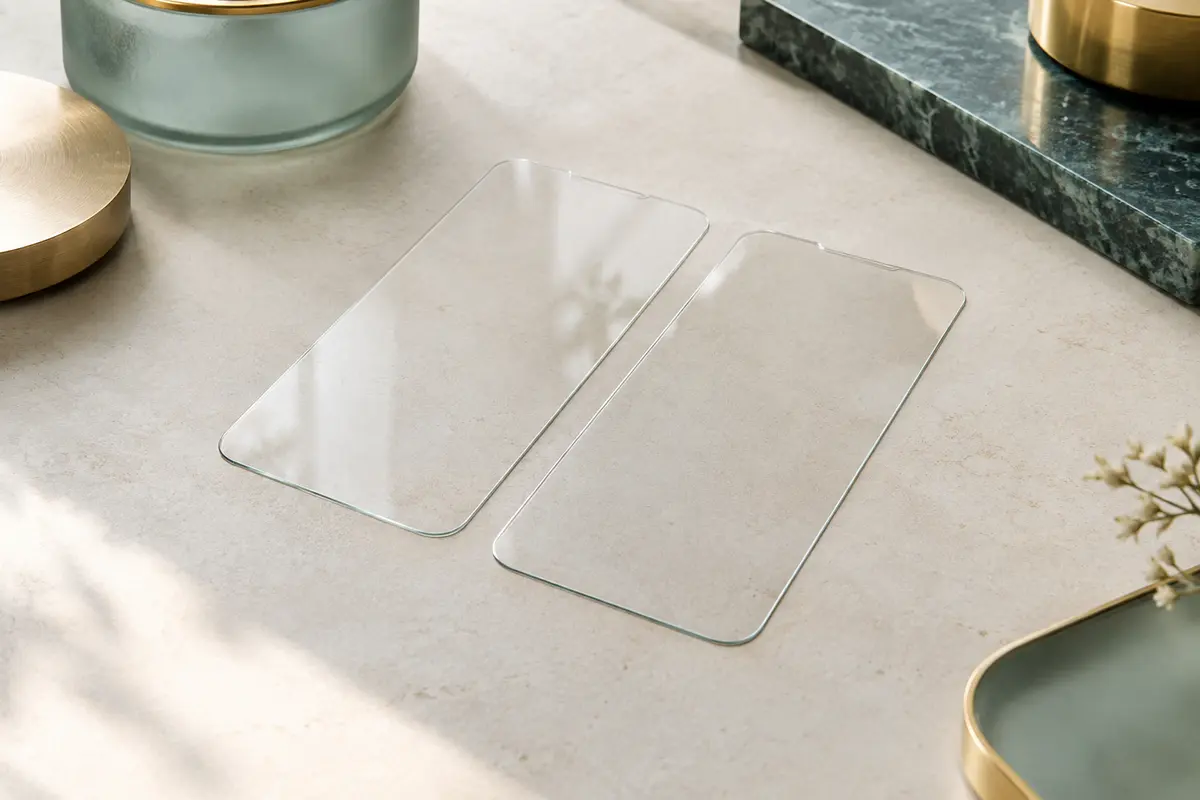 Deux protections d’écran transparentes en verre trempé posées sur une surface minérale claire aux détails métalliques