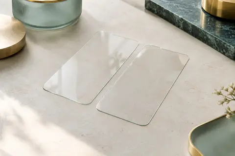 Deux protections d’écran transparentes en verre trempé posées sur une surface minérale claire aux détails métalliques