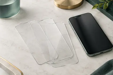 Trois protections transparentes en verre trempé disposées sur une surface minérale claire près d’un smartphone