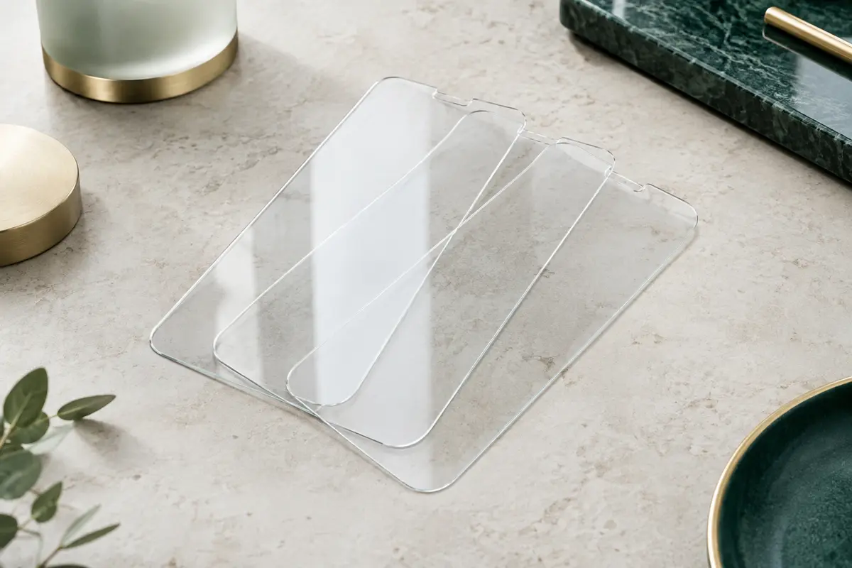 Trois protections d’écran transparentes en verre trempé, aux bords arrondis, sur une surface minérale claire.