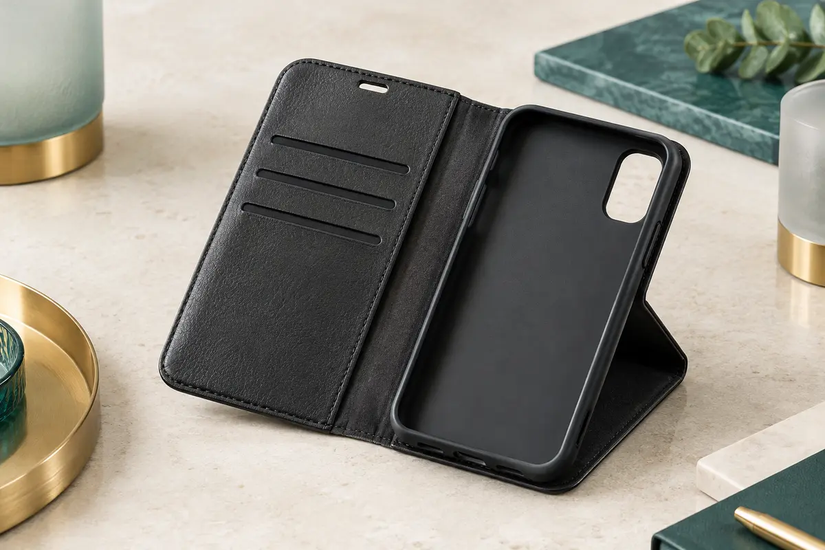 Étui folio noir ouvert avec trois fentes pour cartes et rabat replié en support horizontal