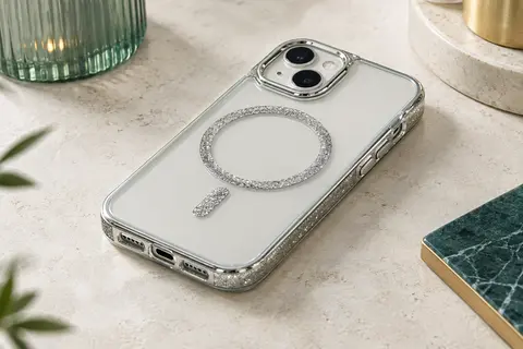 Coque transparente pailletée pour iPhone 14, avec cadre brillant, anneau magnétique et contour de caméra